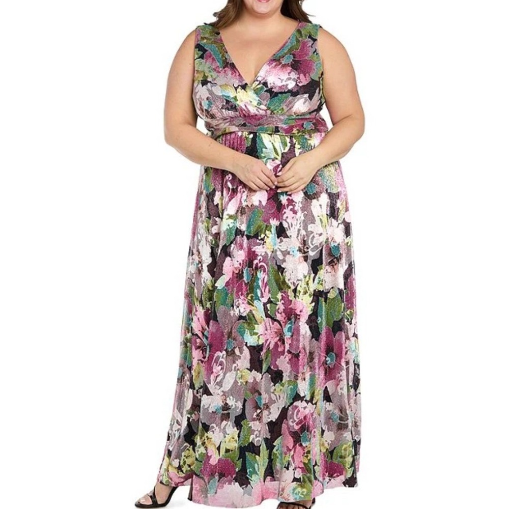 SLNY Floral Metallic Maxi Dress Women 24W NWT Pink Multi V-Neck MSRP $159